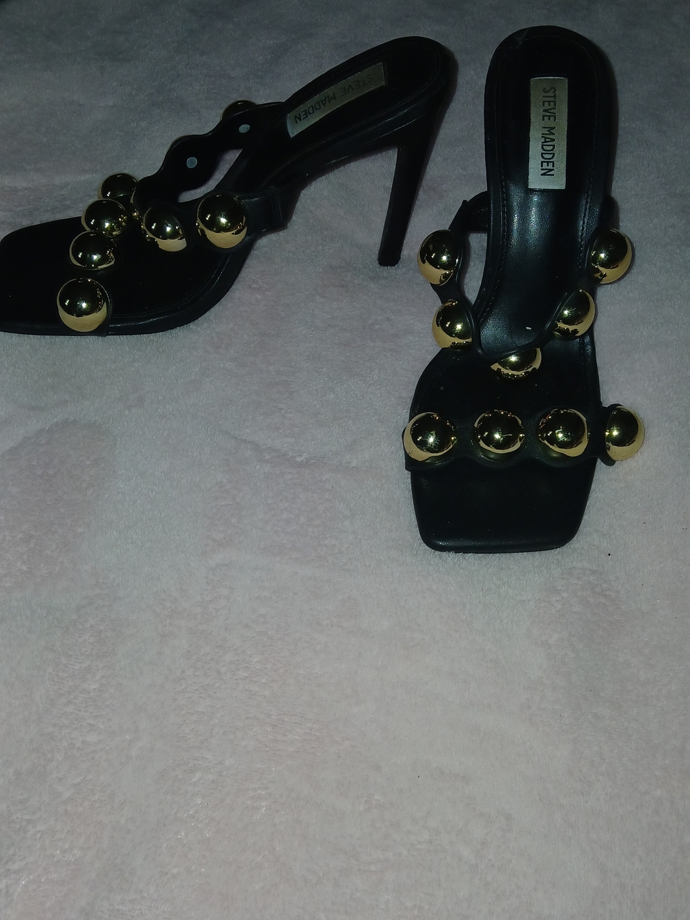 Steve Madden Black Heeled Slide Sandals with Gold Orb Accents